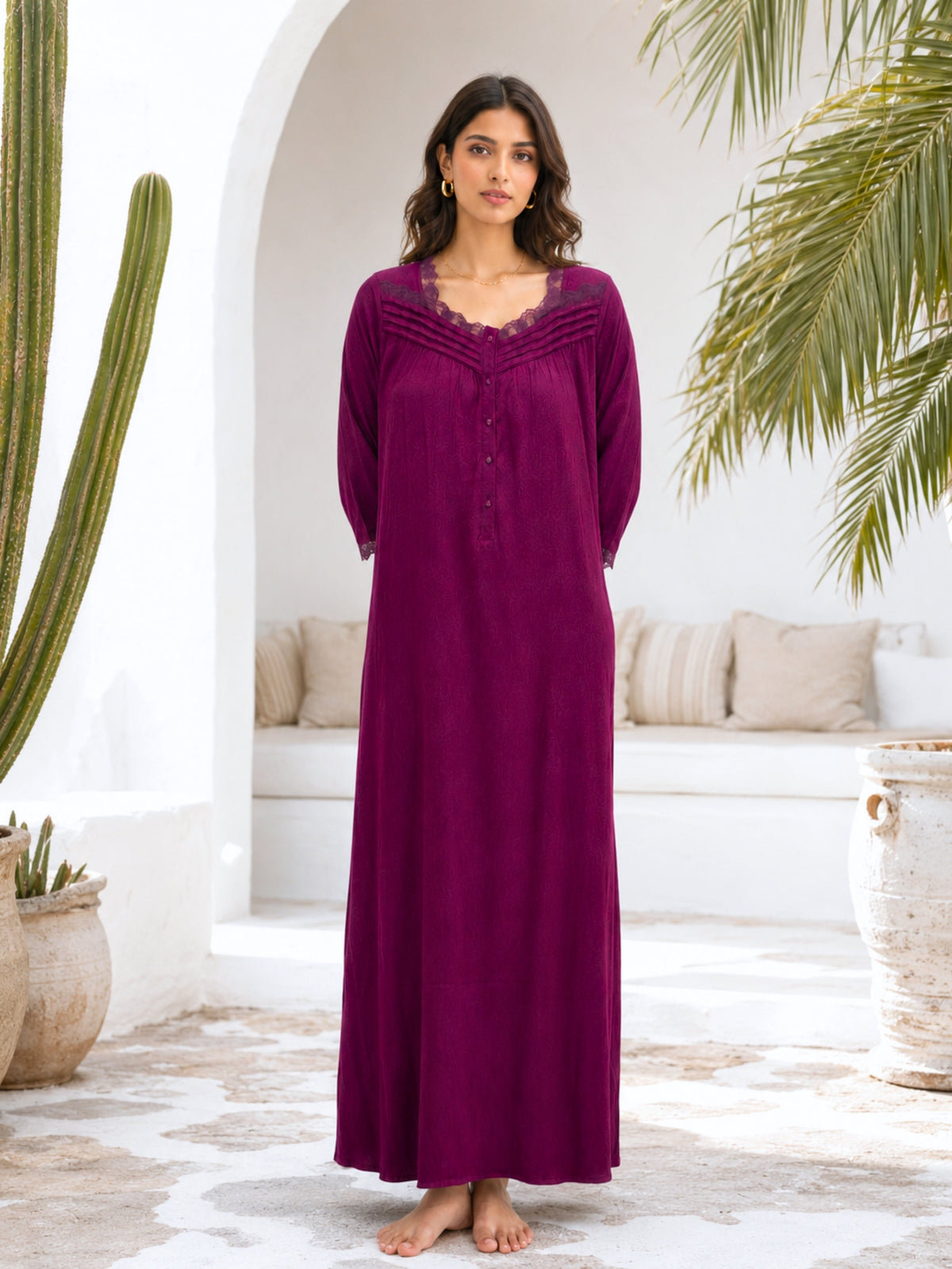 Wine Soft Crepe Button Yoke Night Maxi for Women