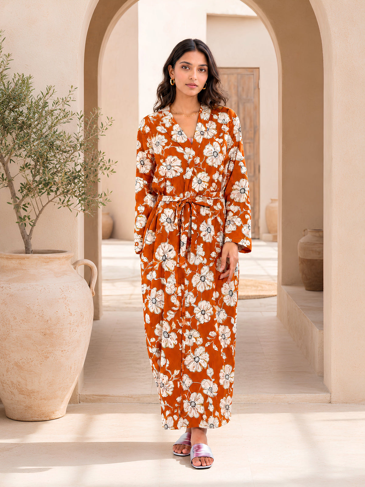 Rust Wildflower Pure Cotton Collar Robe for Women