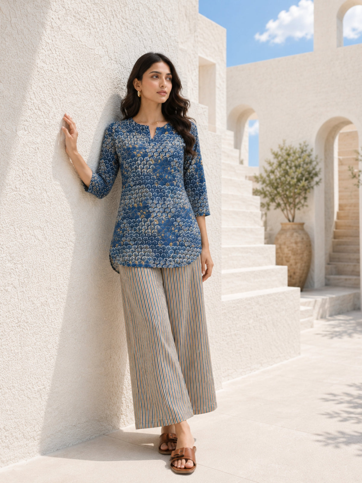 Indigo/Beige Pure Cotton Lounge Wear