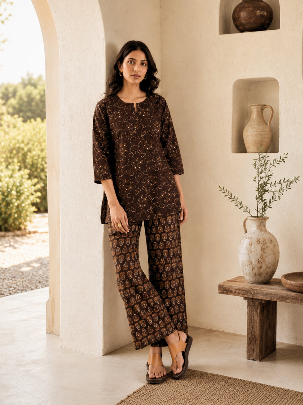 Brown Bandhani Jaal  Print Pure Cotton Round neck Co-ord set