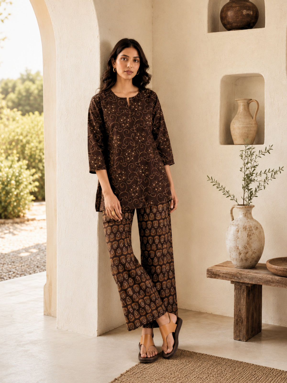 Brown Bandhani Jaal  Print Pure Cotton Round neck Co-ord set