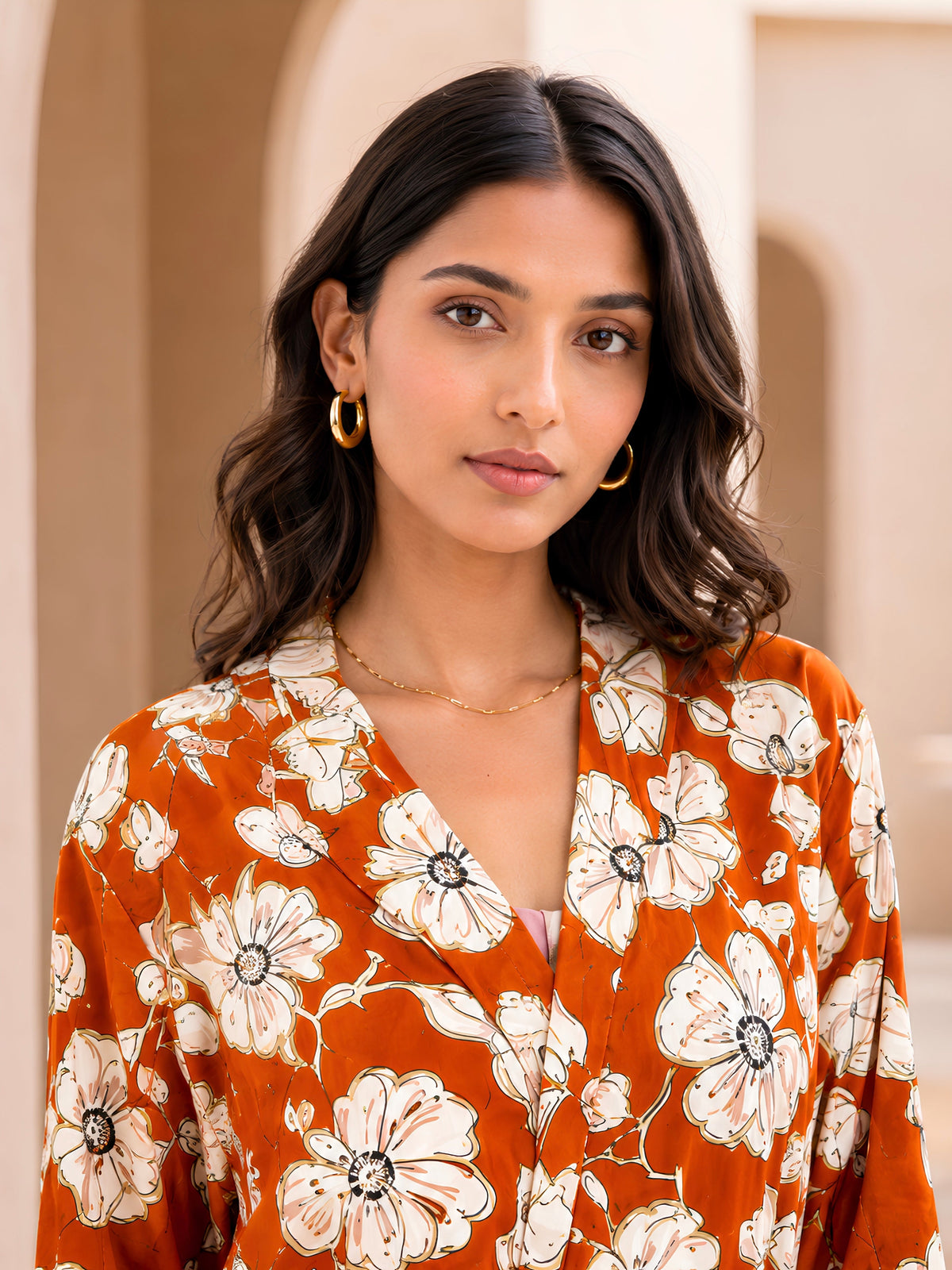 Rust Wildflower Pure Cotton Collar Robe for Women