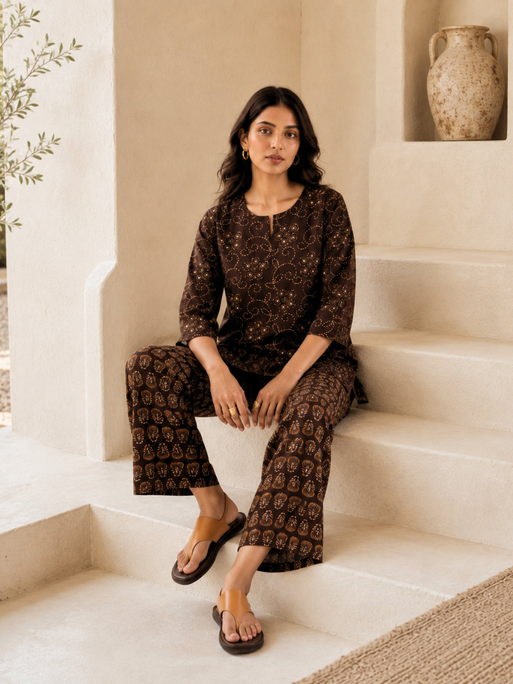 Brown Bandhani Jaal  Print Pure Cotton Round neck Co-ord set