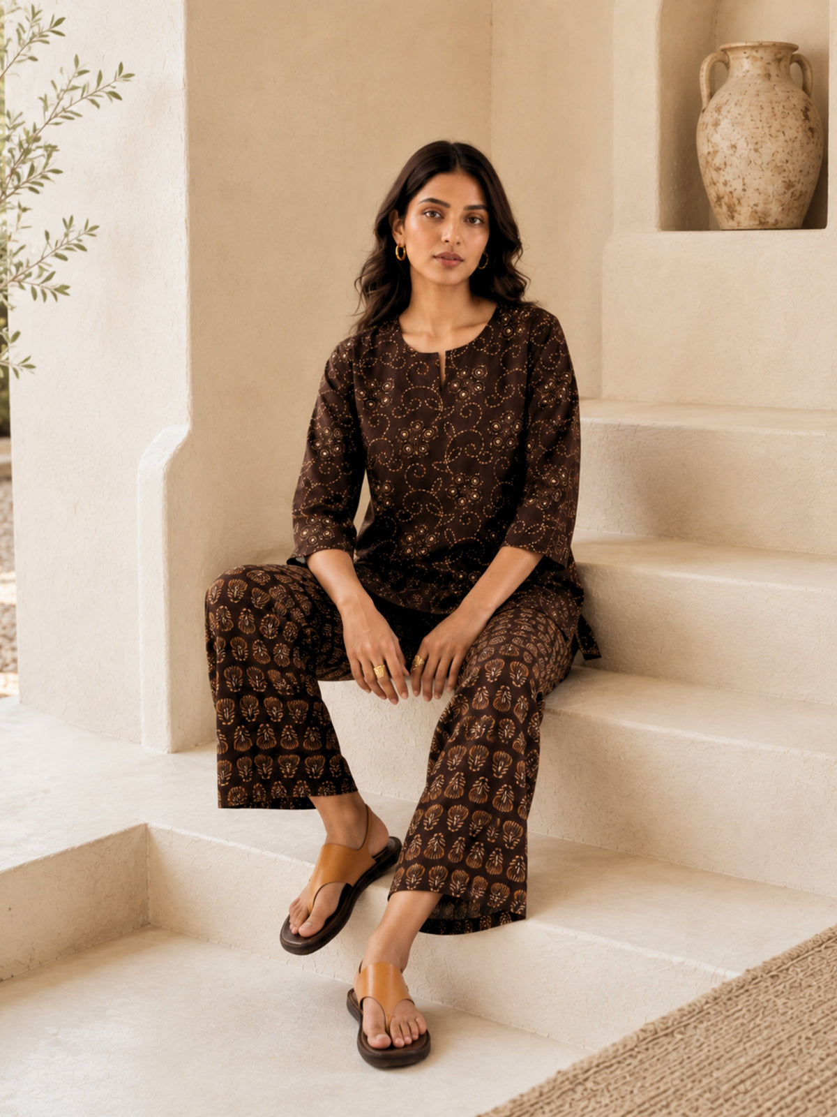 Brown Bandhani Jaal  Print Pure Cotton Round neck Co-ord set