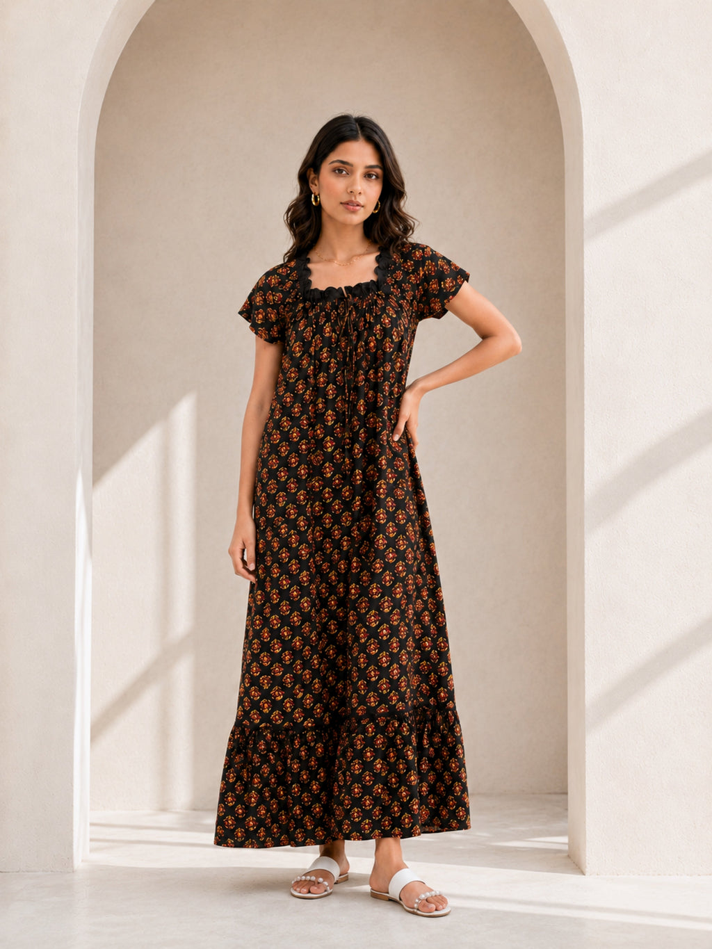 Black Buta Pure Cotton Tie-Up Square Neck Night Maxi for Women