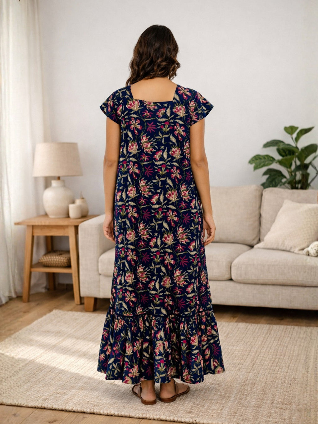 Blue Jaal Pure Cotton Tieup Square Neck Night Maxi