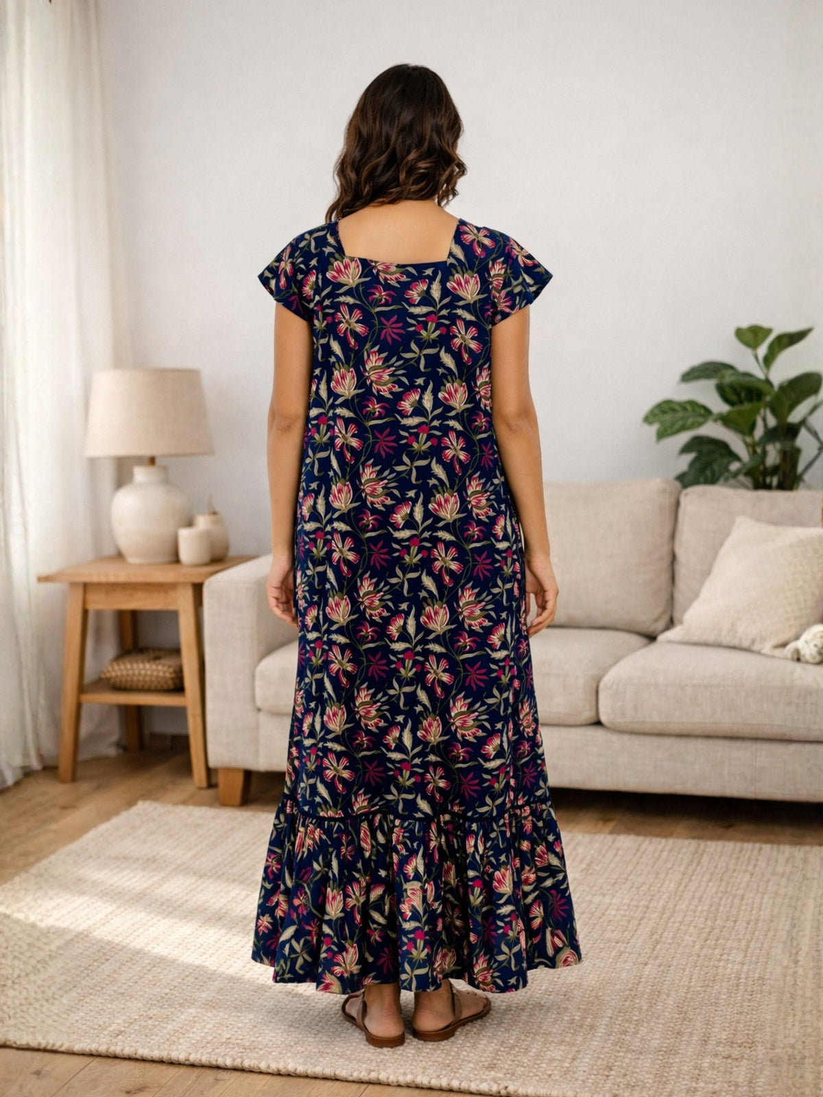Blue Jaal Pure Cotton Tieup Square Neck Night Maxi