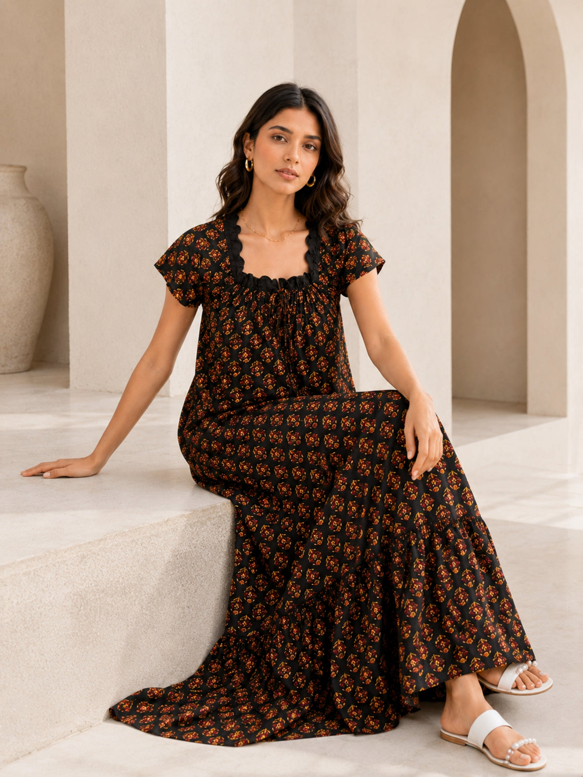 Black Buta Pure Cotton Tie-Up Square Neck Night Maxi for Women