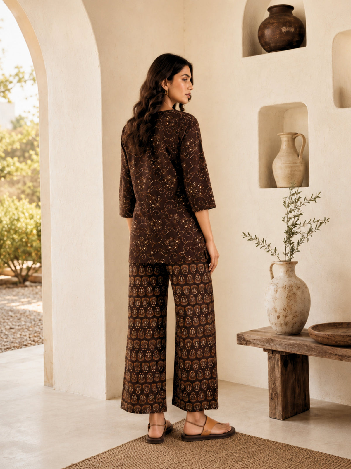 Brown Bandhani Jaal  Print Pure Cotton Round neck Co-ord set