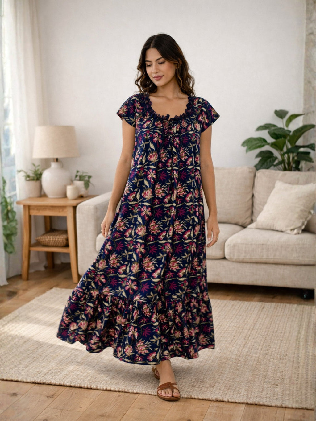 Blue Jaal Pure Cotton Tieup Square Neck Night Maxi