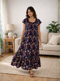 Blue Jaal Pure Cotton Tieup Square Neck Night Maxi