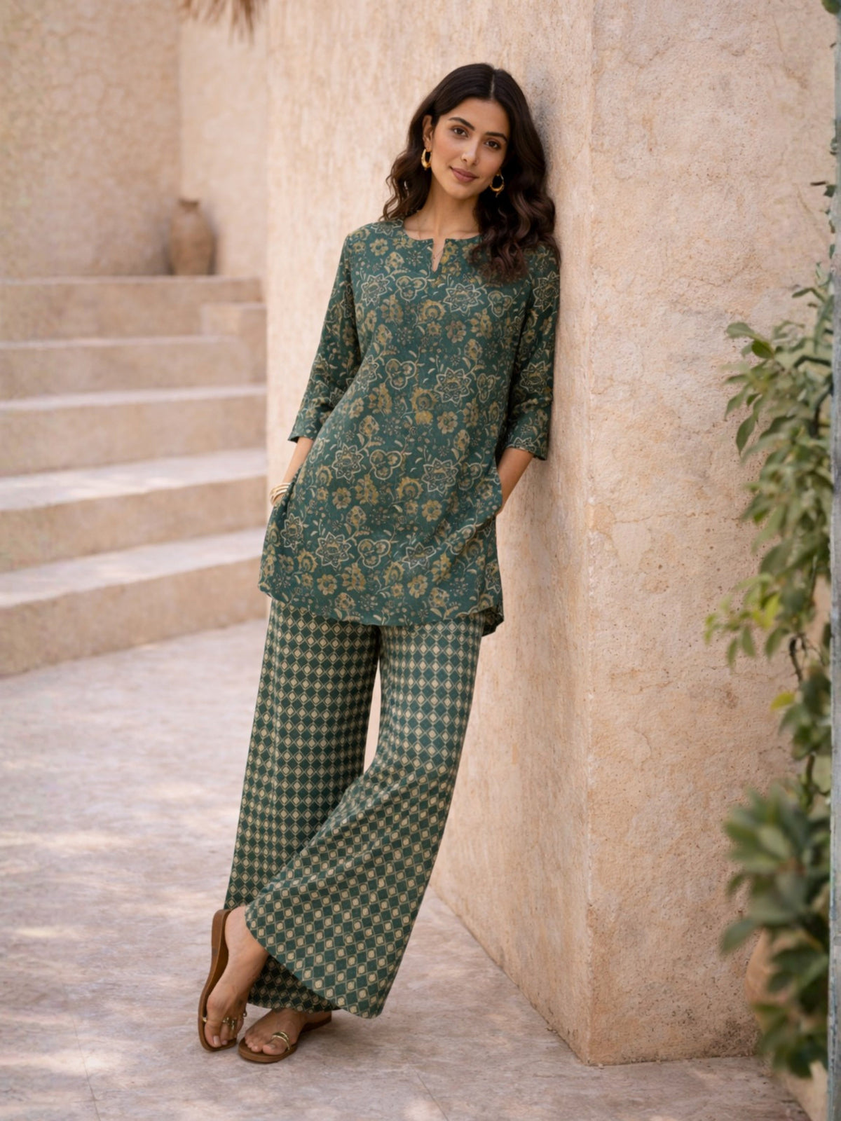 Teal Botanical Jaal  Pure Cotton Round neck Co-ord set