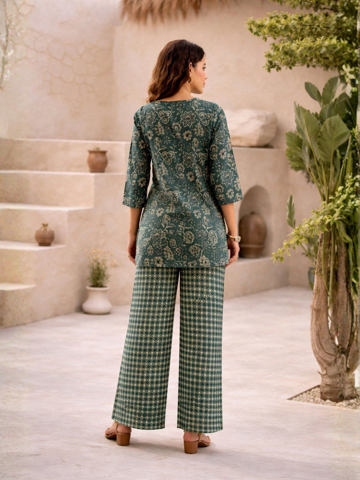 Teal Botanical Jaal  Pure Cotton Round neck Co-ord set