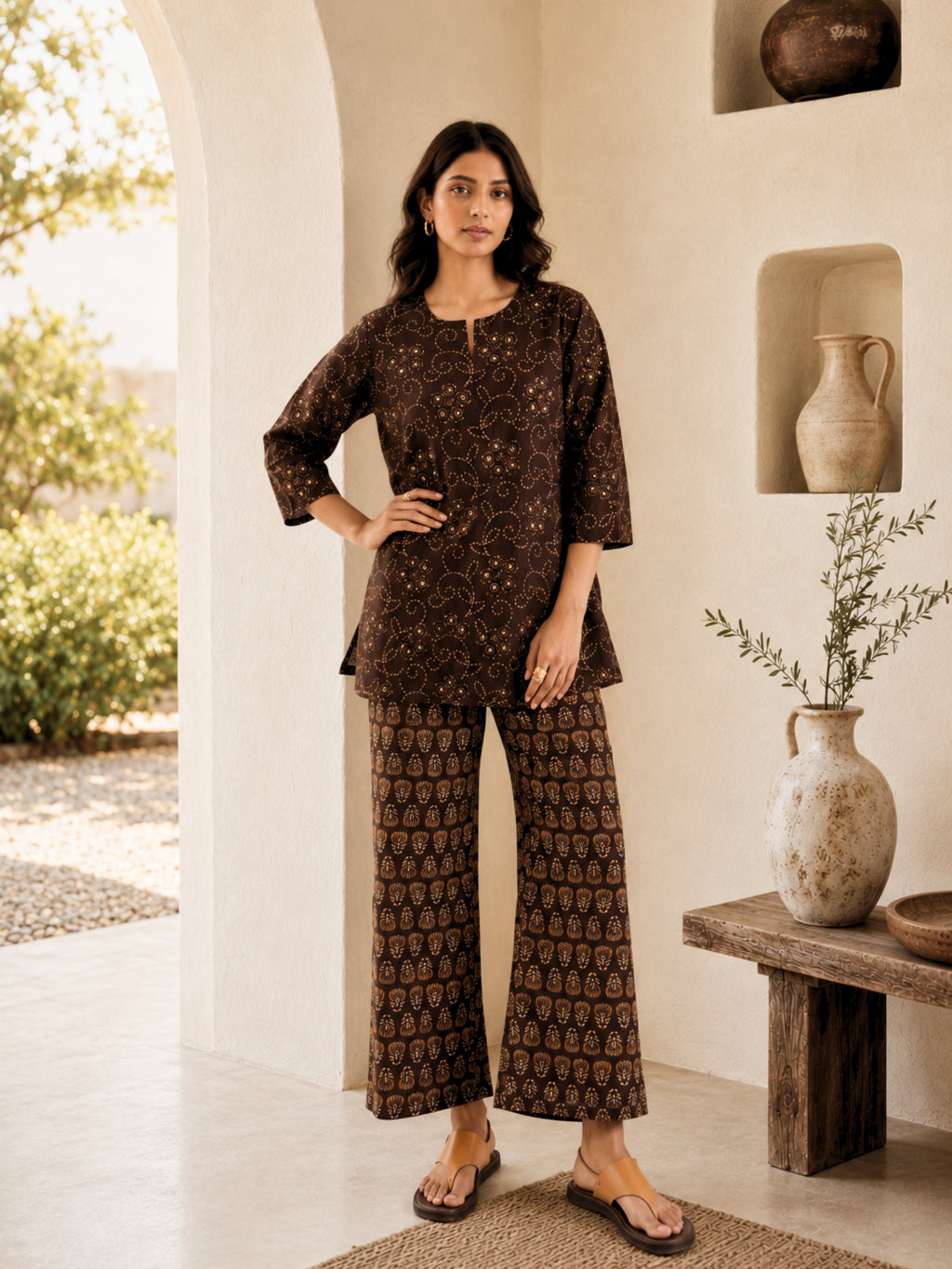 Brown Bandhani Jaal  Print Pure Cotton Round neck Co-ord set