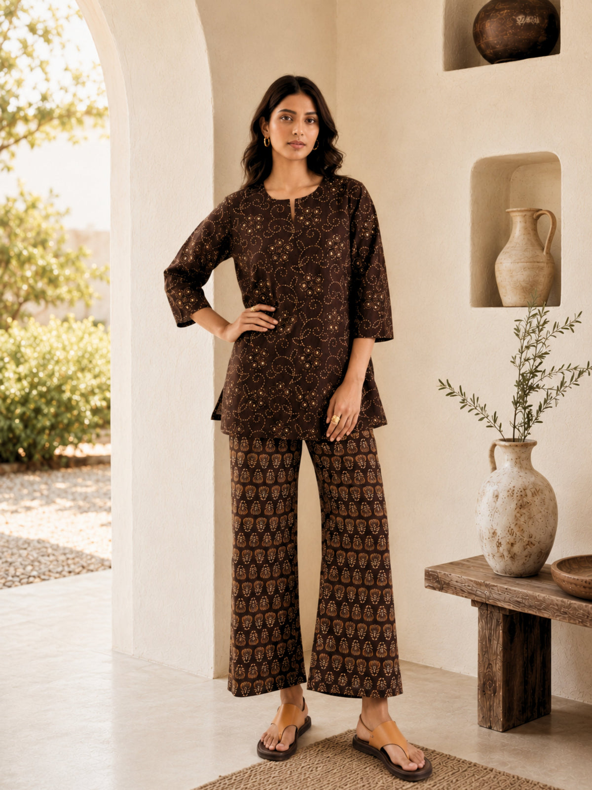 Brown Bandhani Jaal  Print Pure Cotton Round neck Co-ord set