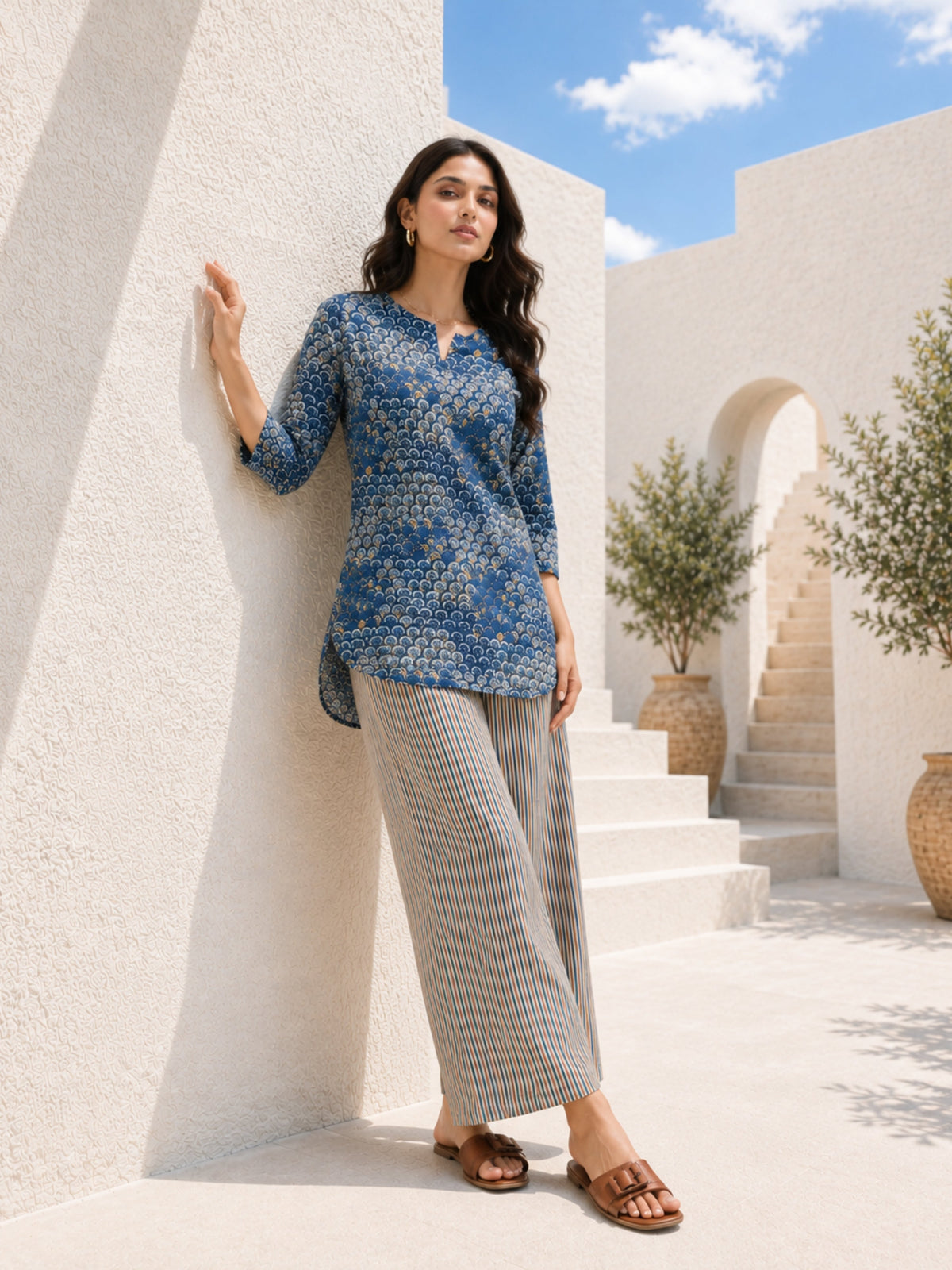 Indigo/Beige Pure Cotton Lounge Wear
