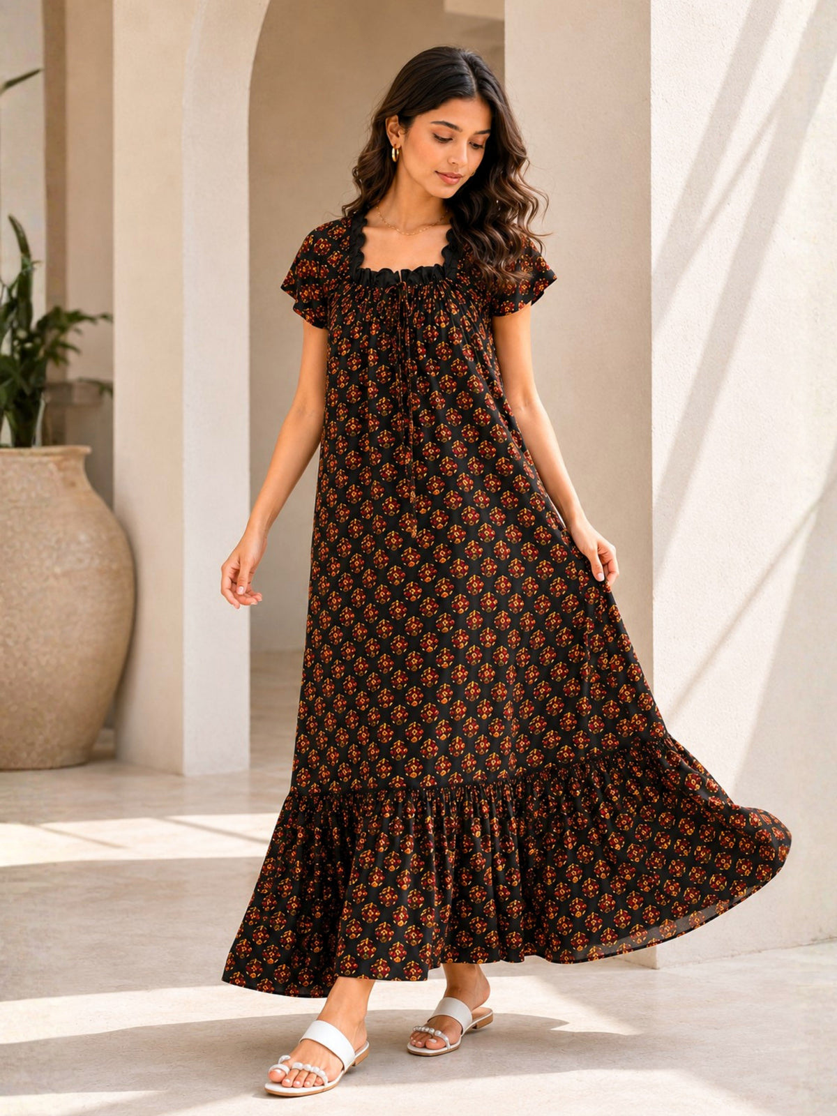 Black Buta Pure Cotton Tie-Up Square Neck Night Maxi for Women