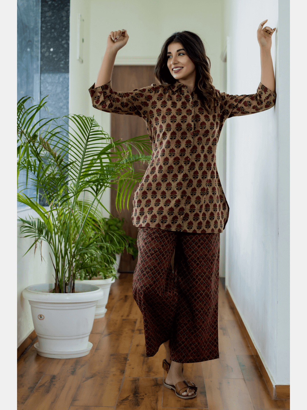 Mesh Brown Collared Cotton Loungewear