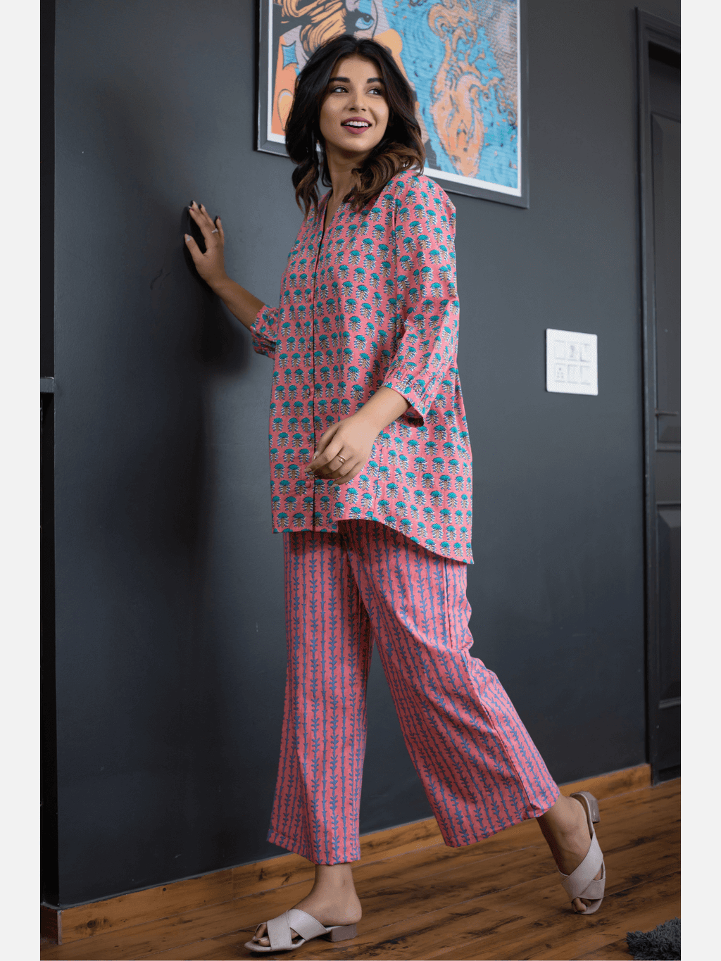 Smooth Pink back pleated Cotton Loungewear