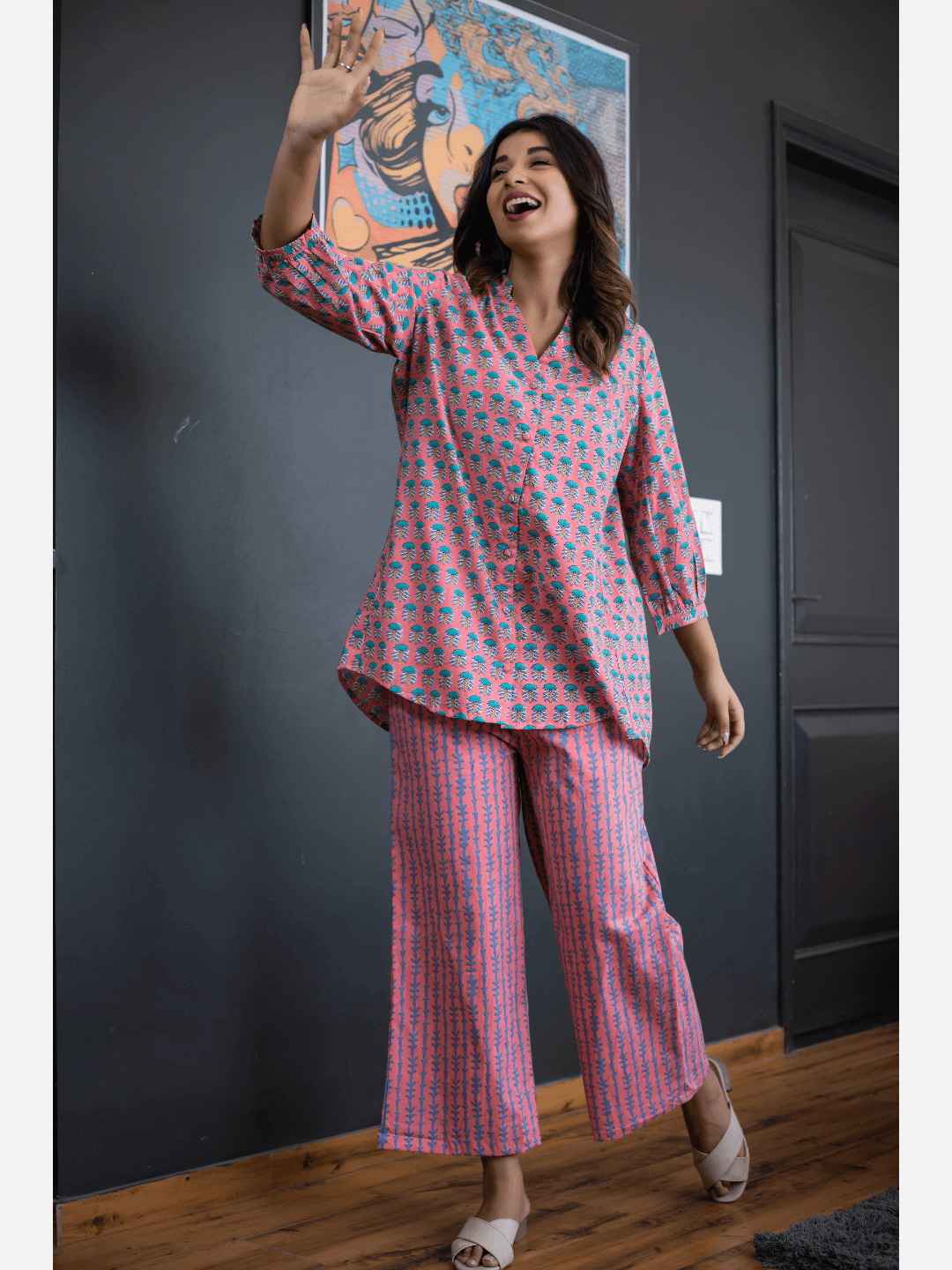 Smooth Pink back pleated Cotton Loungewear