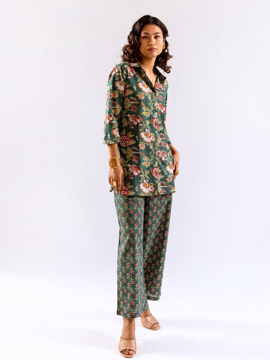 Green Leafy Charm Print Pure Cotton Collar Shirt Co-ord set