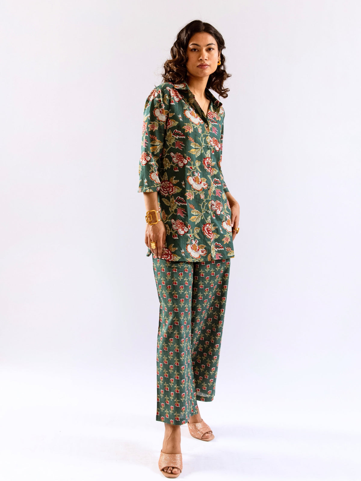 Green Leafy Charm Print Pure Cotton Collar Shirt Co-ord set