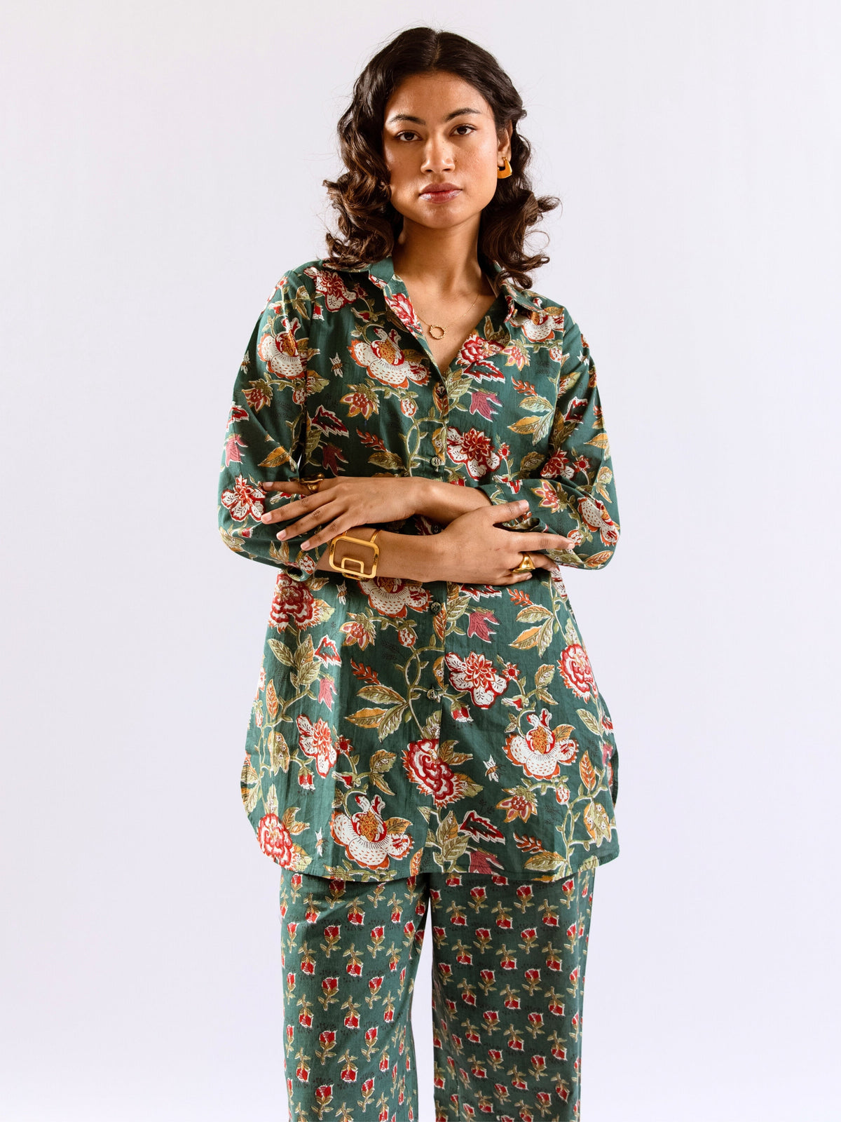 Green Leafy Charm Print Pure Cotton Collar Shirt Co-ord set