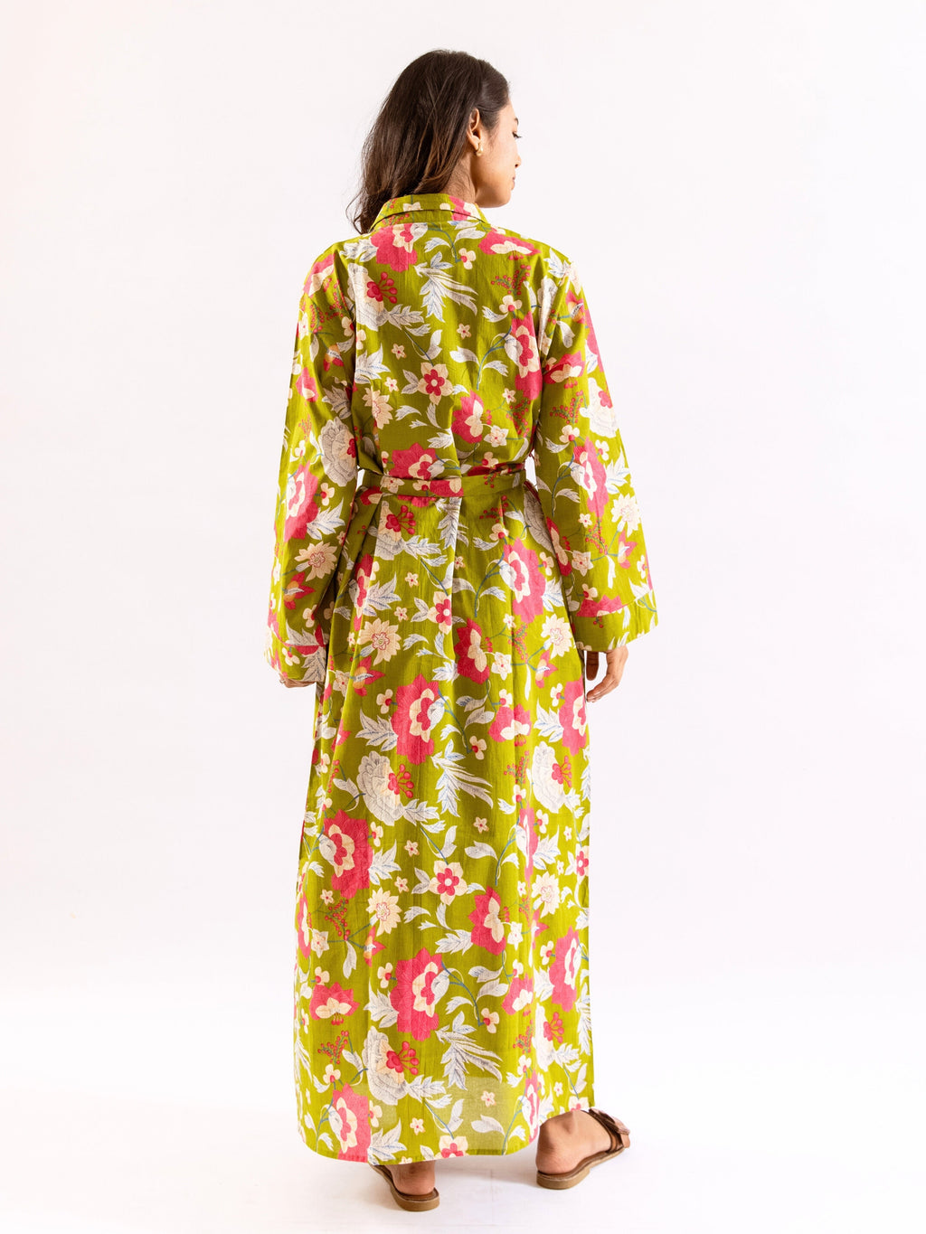 Lime Green Sassy Citrus Pure Cotton V neck Sleepwear Robe Set