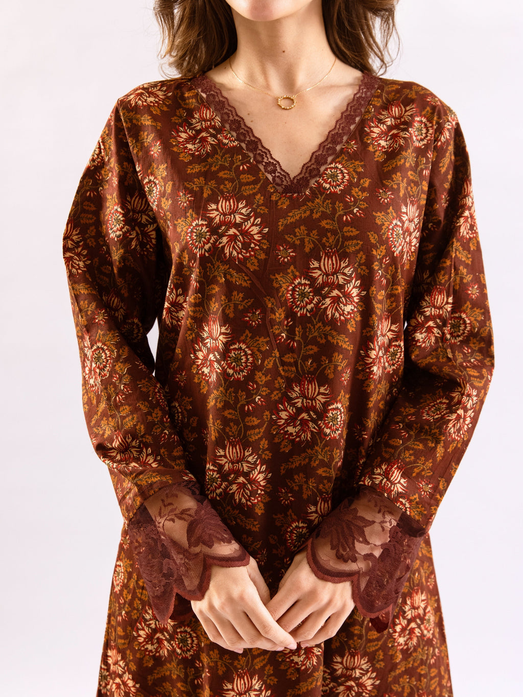 Maroon Rosy Dreams lace Pure Cotton V neck Night Maxi