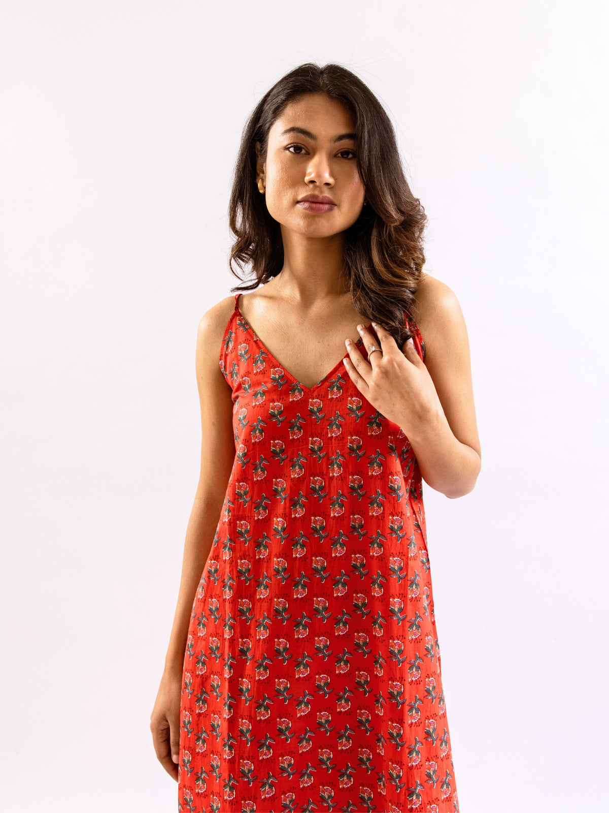 Red Relax Bliss Pure Cotton v neck Night Maxi