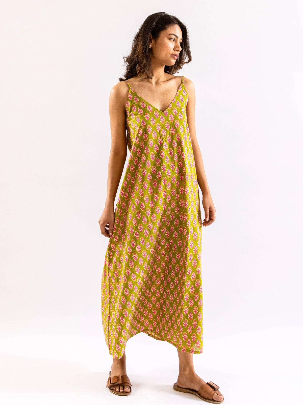 Lime Green Mist Bloom Pure Cotton v neck Night Maxi
