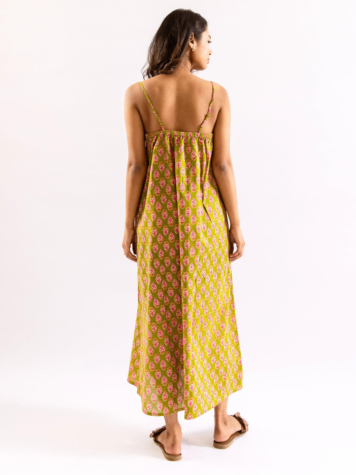 Lime Green Mist Bloom Pure Cotton v neck Night Maxi