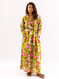 Lime Green Leafy Hush Pure Cotton Collar Neck Robe