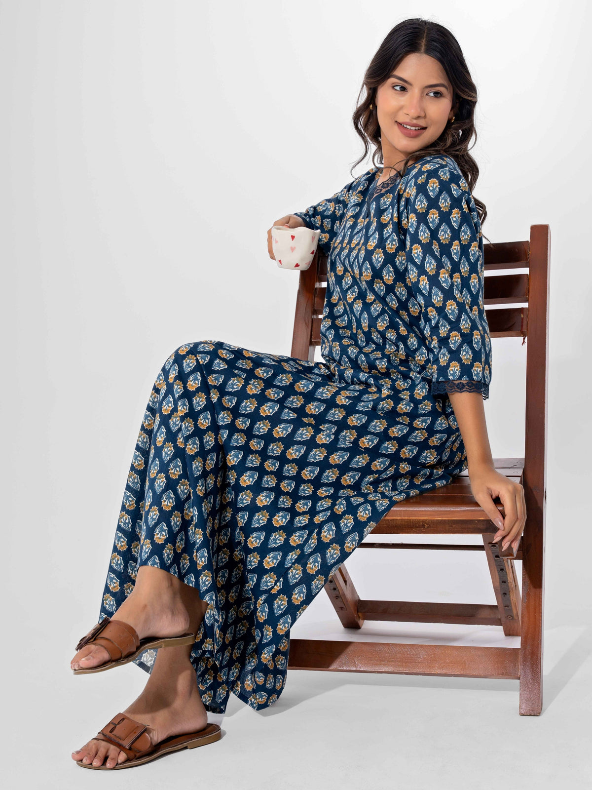 Blue Buti Pure Cotton V Neck Night Maxi