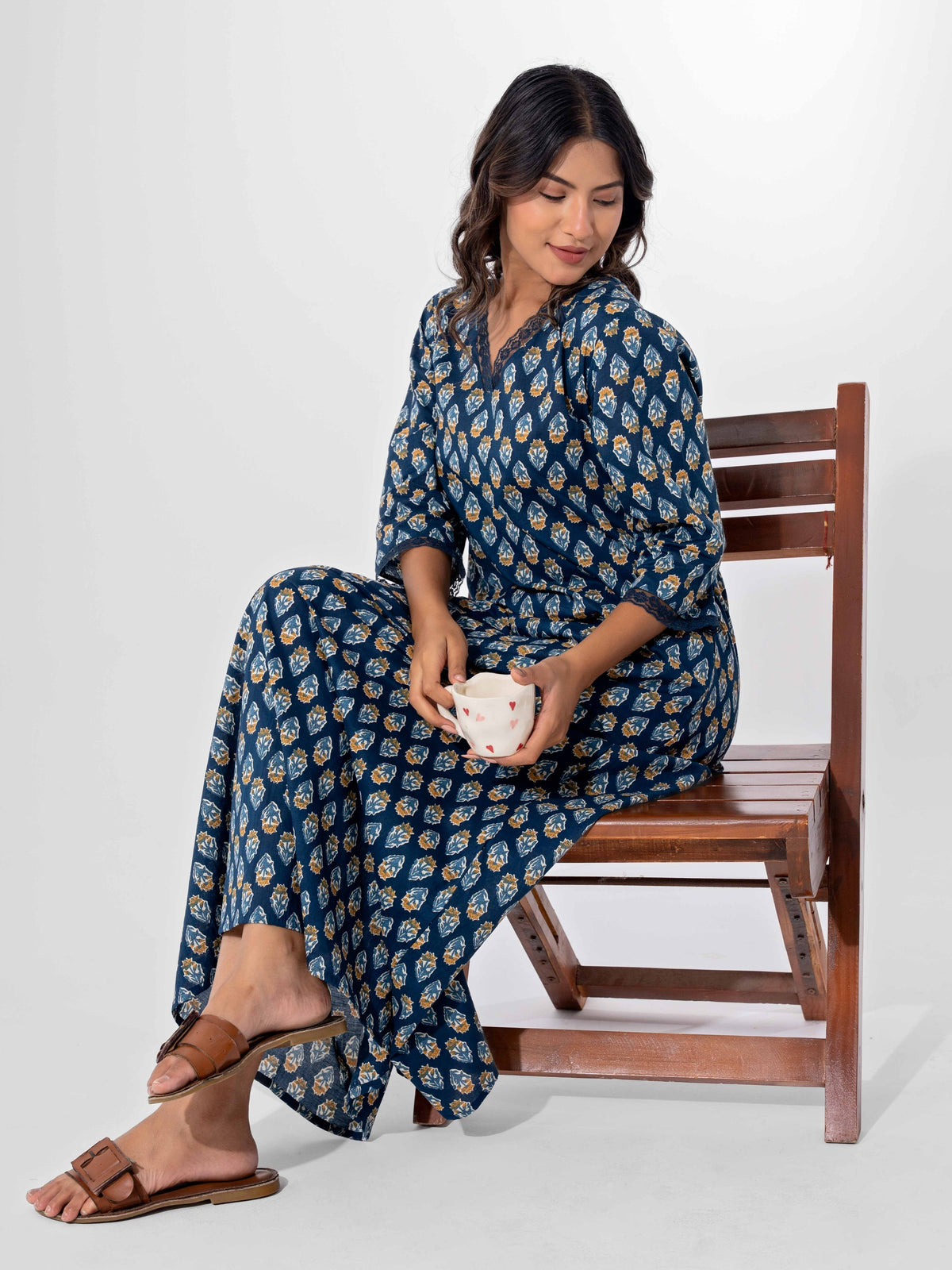 Blue Buti Pure Cotton V Neck Night Maxi