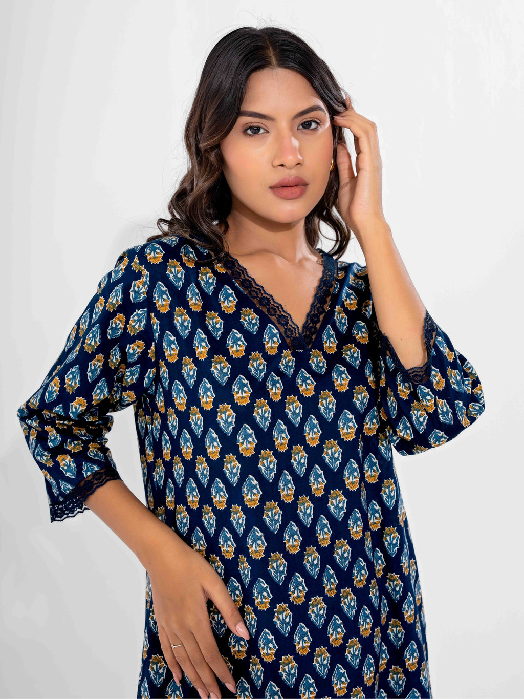 Blue Buti Pure Cotton V Neck Night Maxi