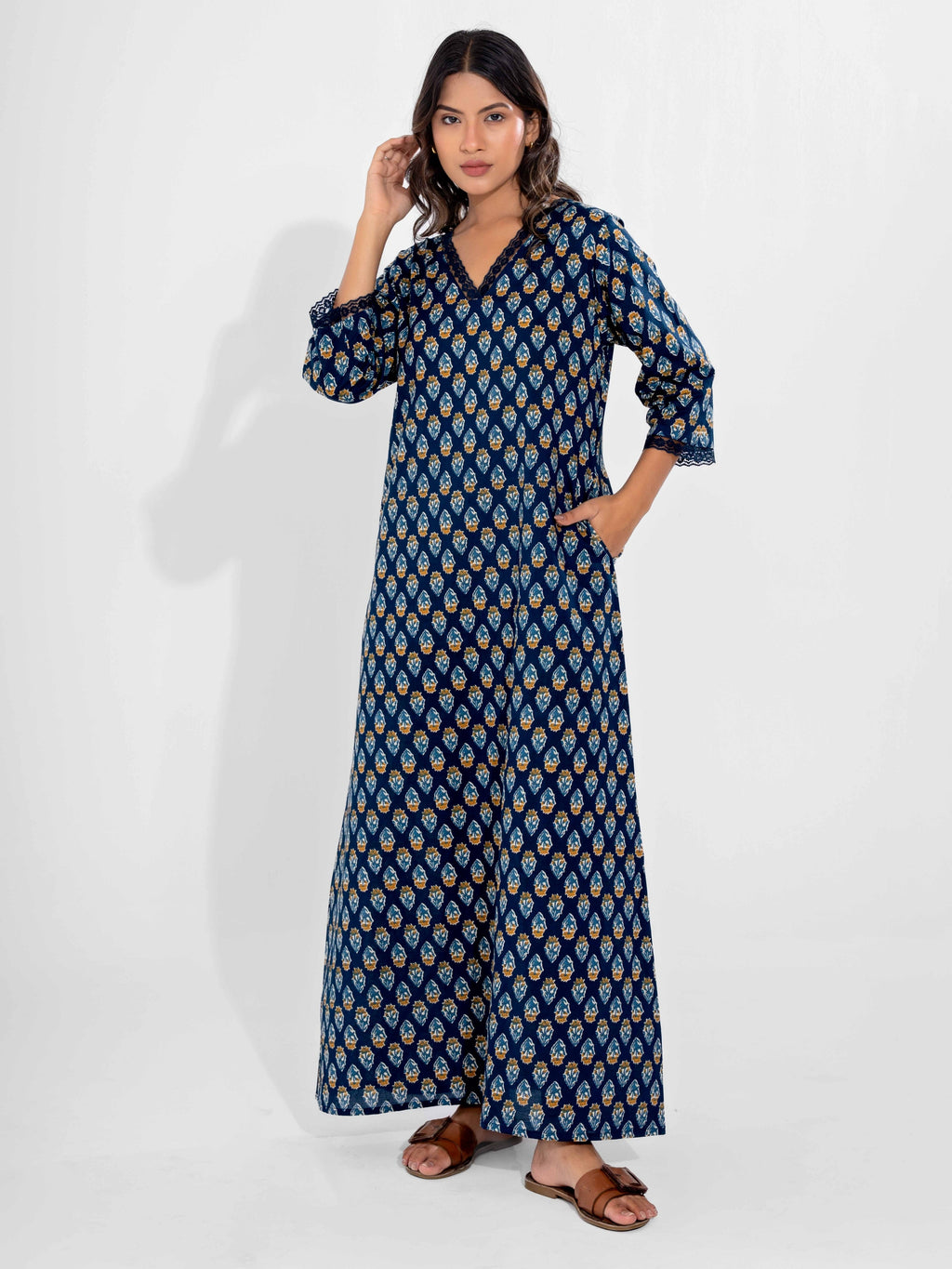 Blue Buti Pure Cotton V Neck Night Maxi