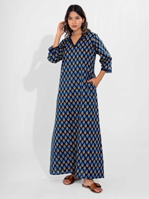 Blue Buti Pure Cotton V Neck Night Maxi
