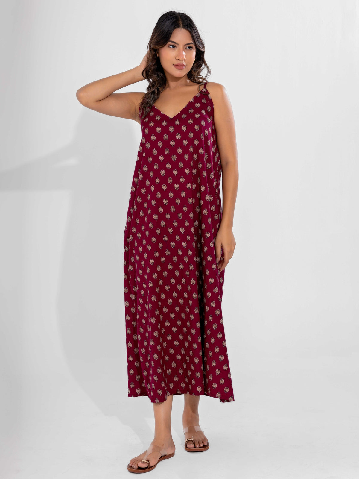 Wine Classic Pure Cotton V-Neck Night Maxi