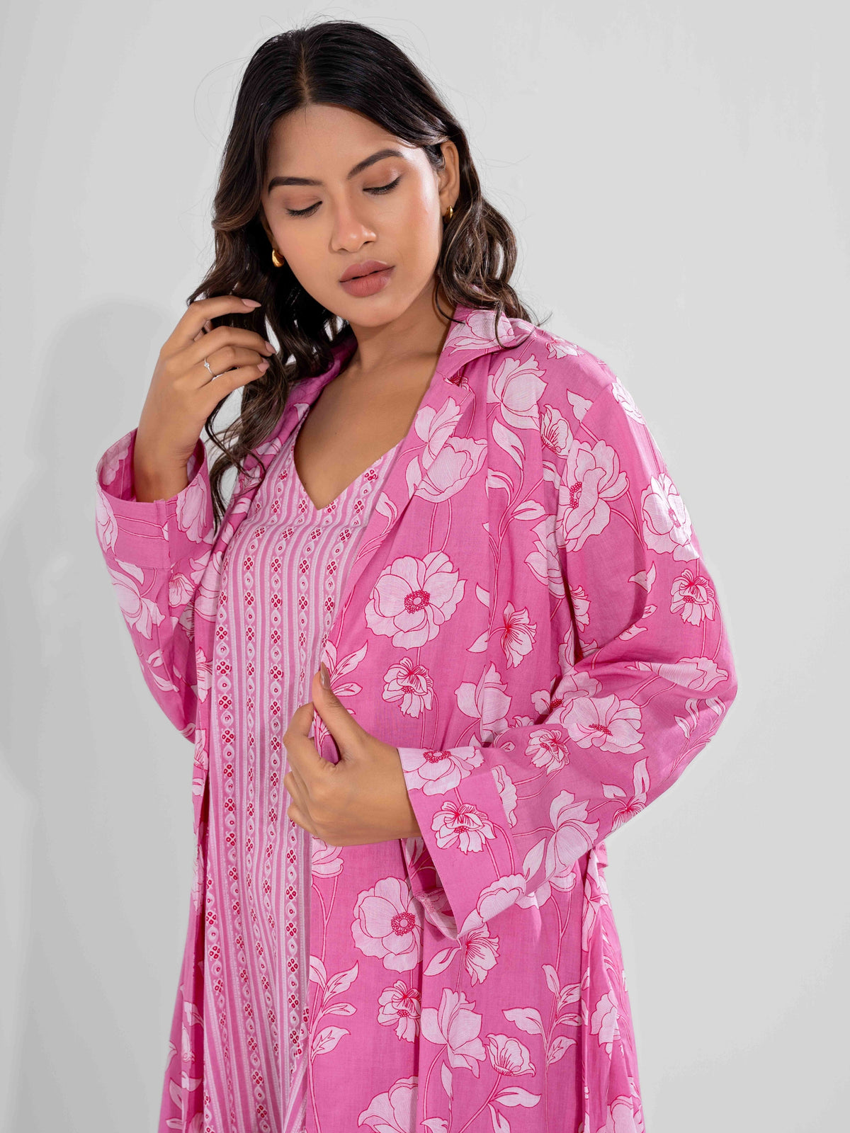 Pink Soft Pure Cotton V-Neck Midi & Shrug