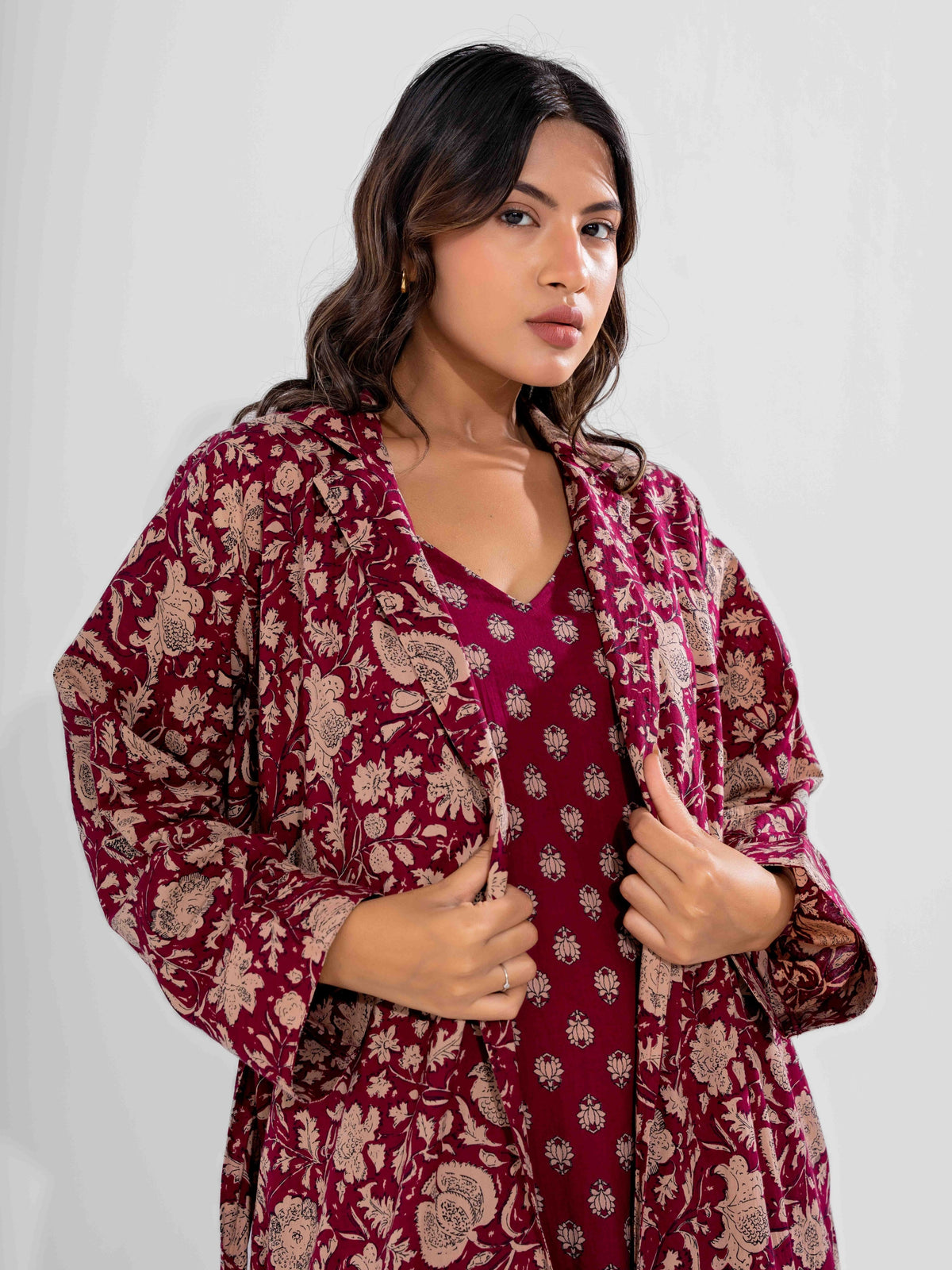 Wine Mocha Pure Cotton V-Neck Midi with Shrug
