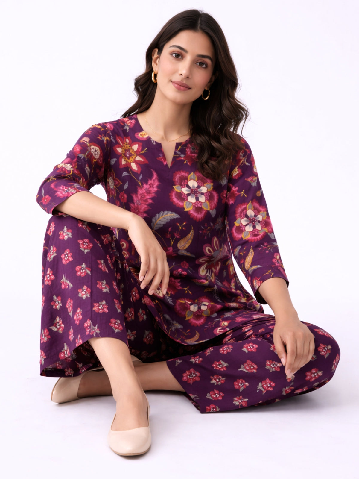 Purple Peony Pure Cotton round neck Women's Co-ord Set for Summer
