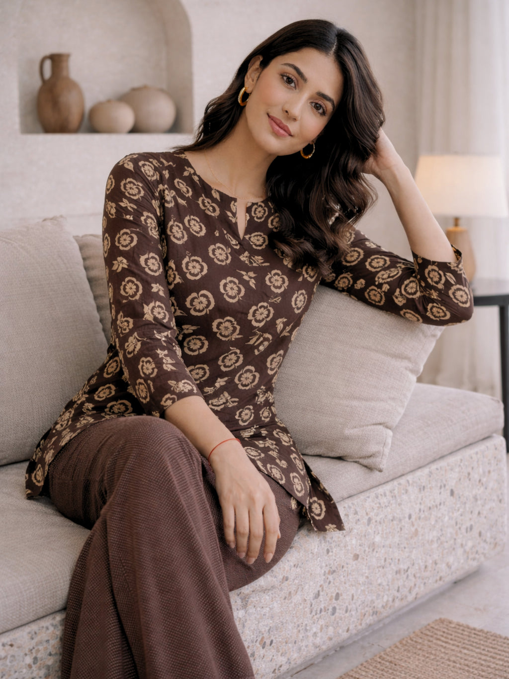 Brown Moonlit Pure Cotton round neck Women's Co-ord Set for Daily Wear