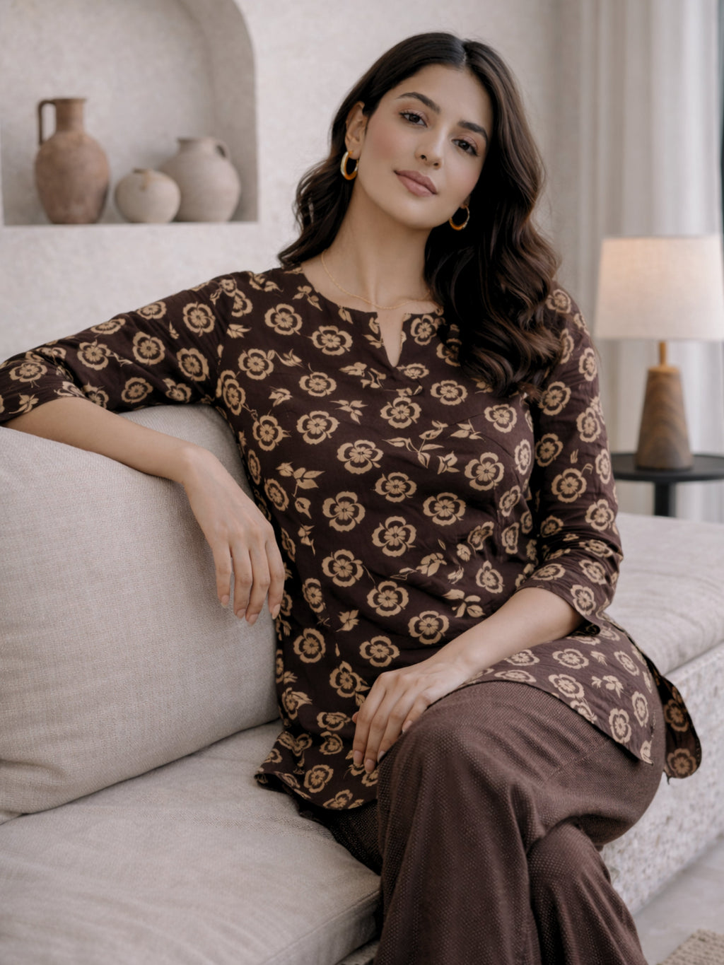 Brown Moonlit Pure Cotton round neck Women's Co-ord Set for Daily Wear