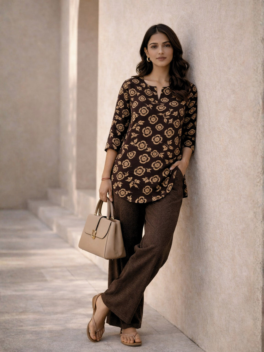 Brown Moonlit Pure Cotton round neck Women's Co-ord Set for Daily Wear