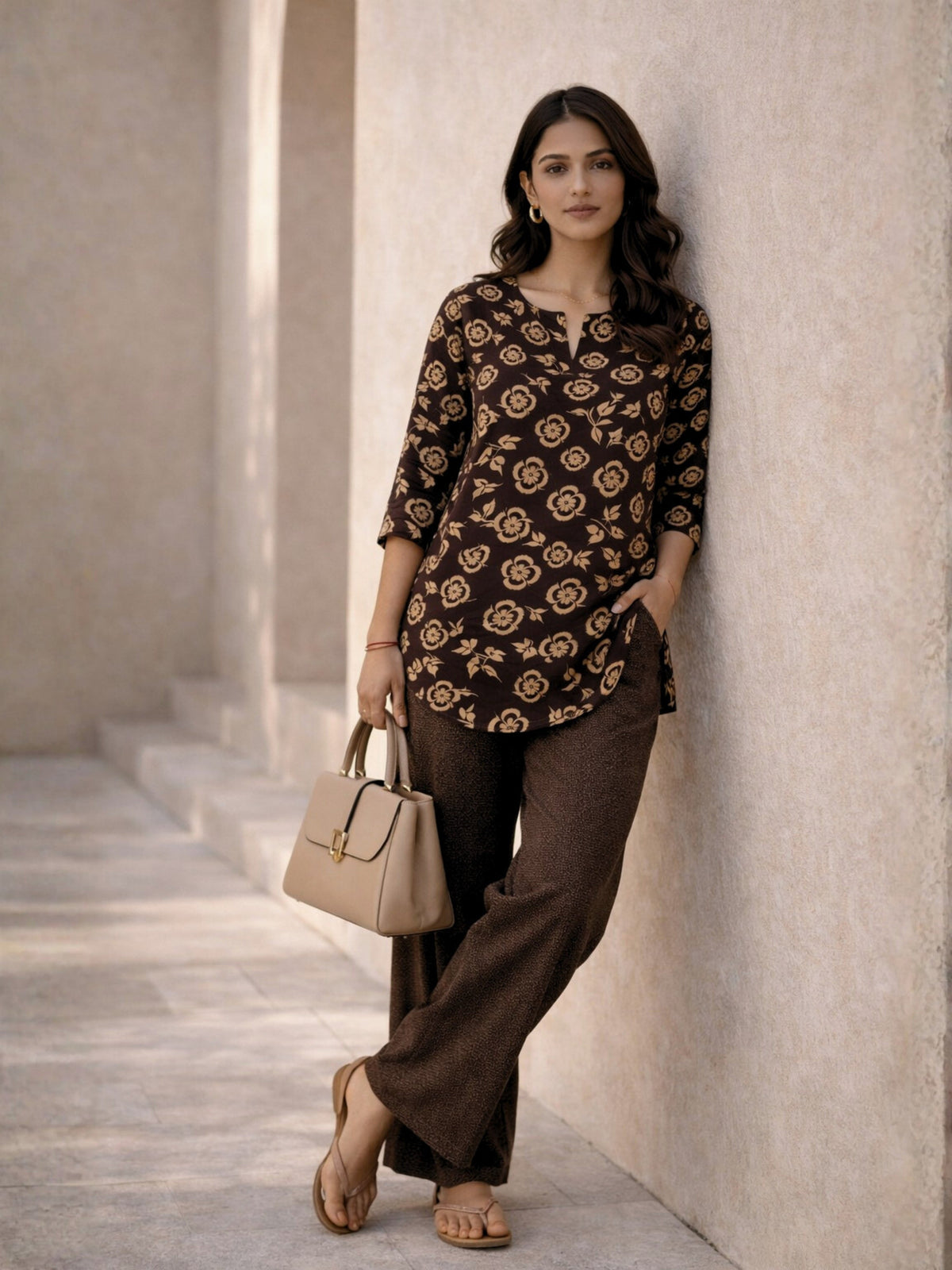 Brown Moonlit Pure Cotton round neck Women's Co-ord Set for Daily Wear