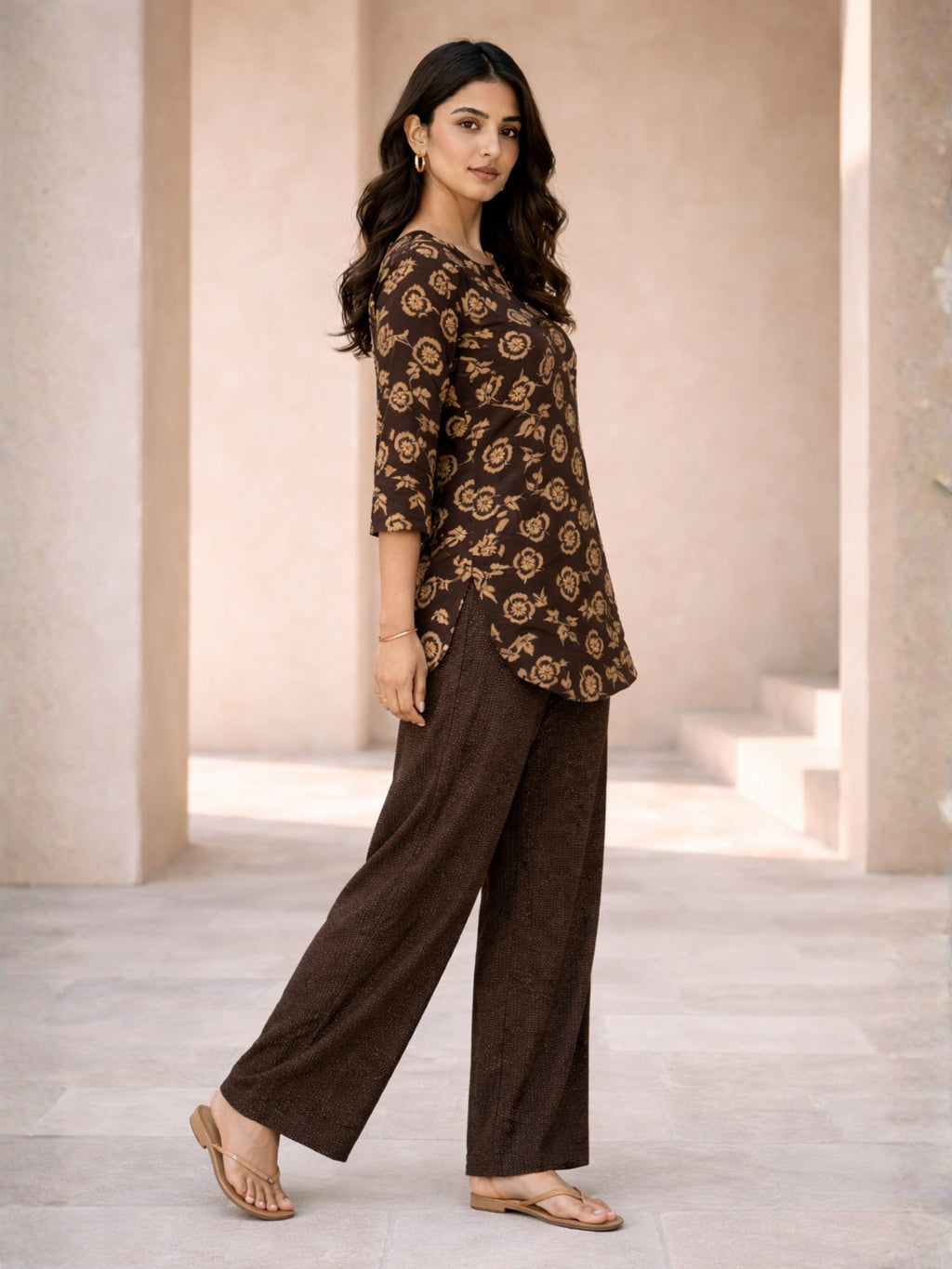 Brown Moonlit Pure Cotton round neck Women's Co-ord Set for Daily Wear