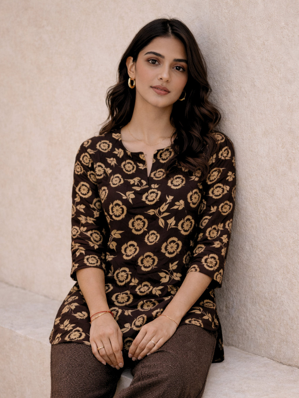 Brown Moonlit Pure Cotton round neck Women's Co-ord Set for Daily Wear
