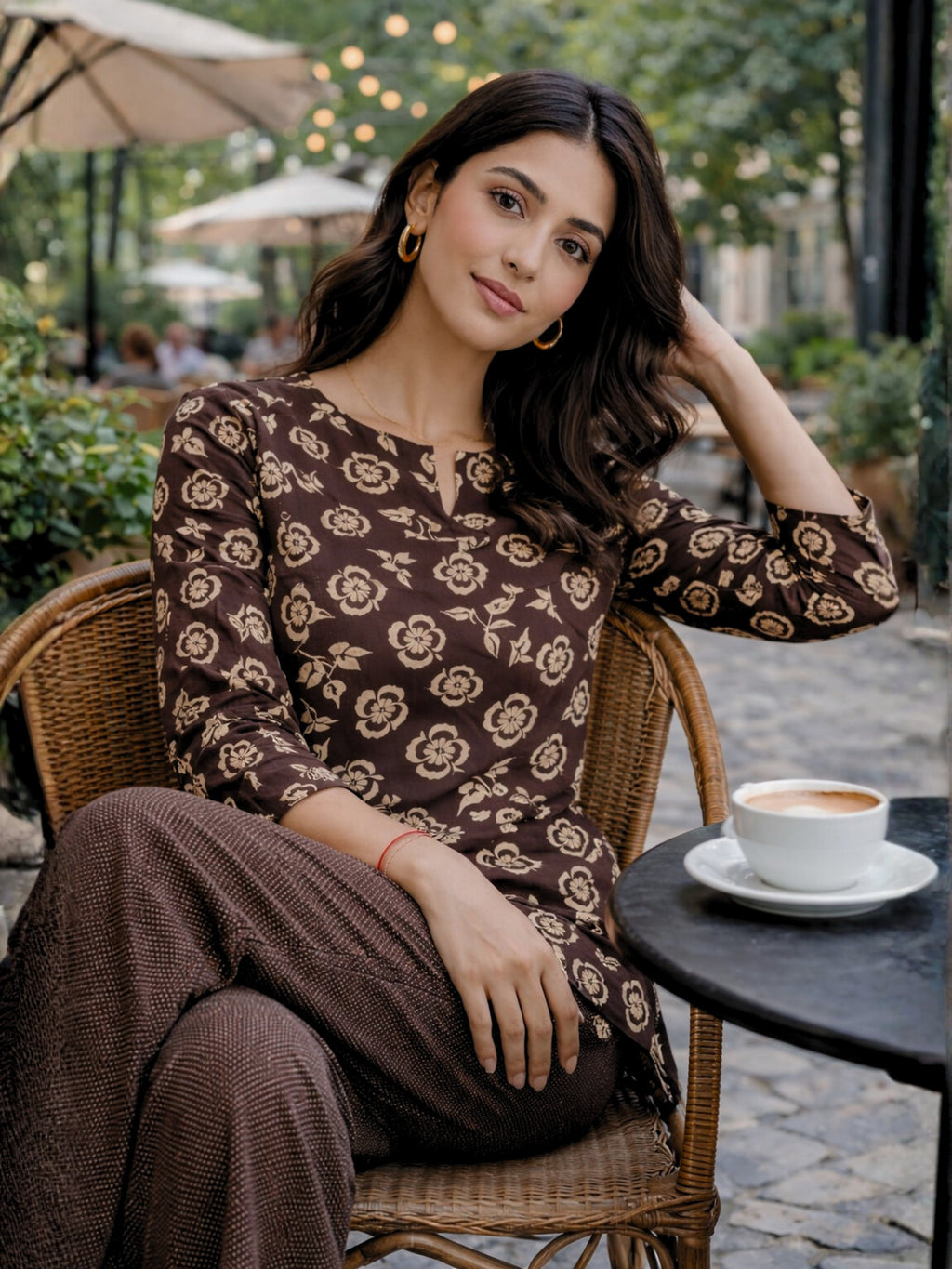 Brown Moonlit Pure Cotton round neck Women's Co-ord Set for Daily Wear