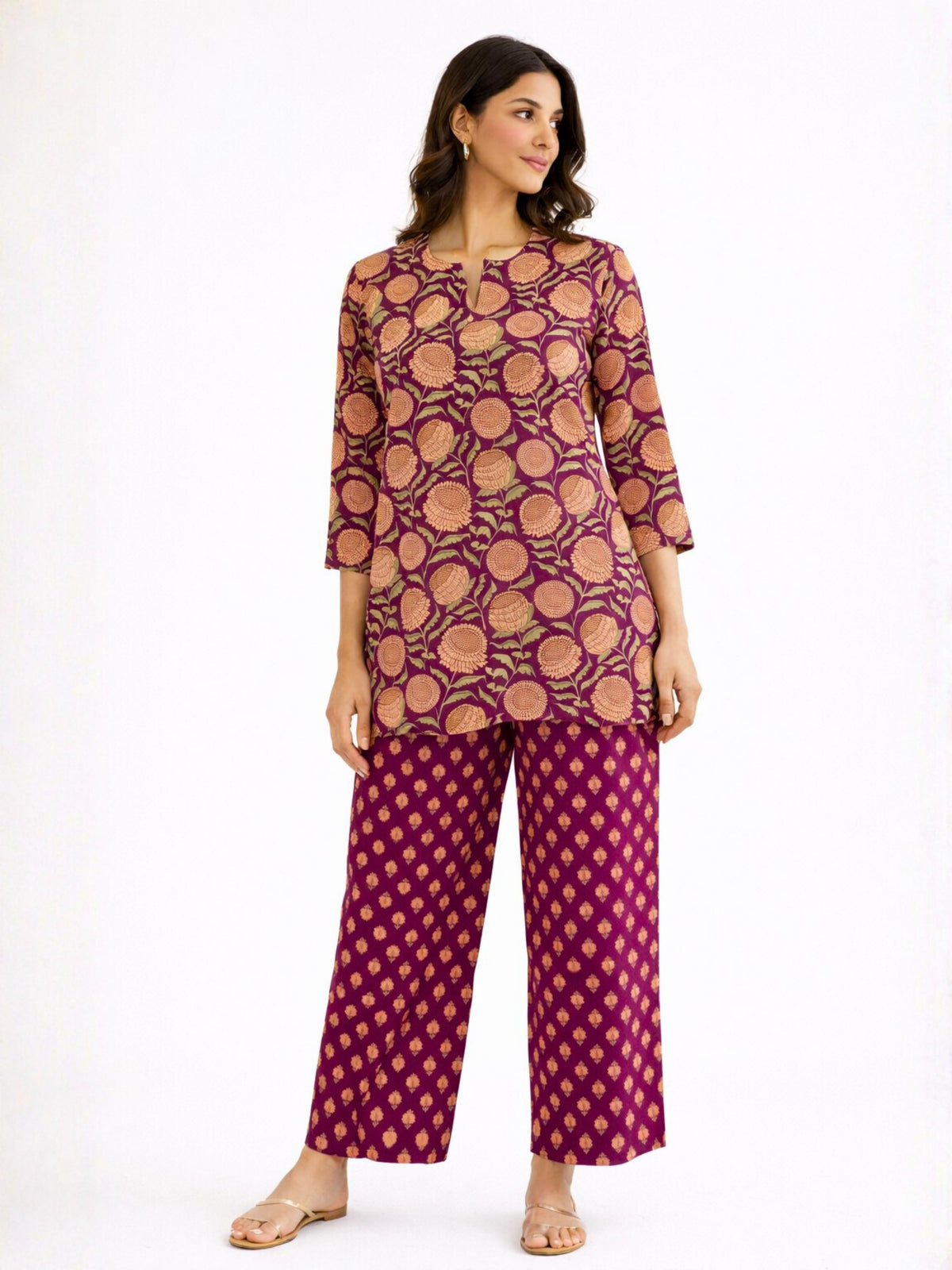 Wine Sunburst Pure Cotton round neck Women's Co-ord Set